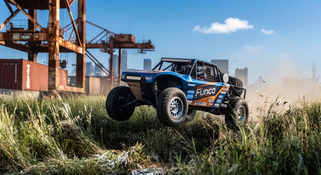 Traxxas Funco Pro Scale sand car in flight